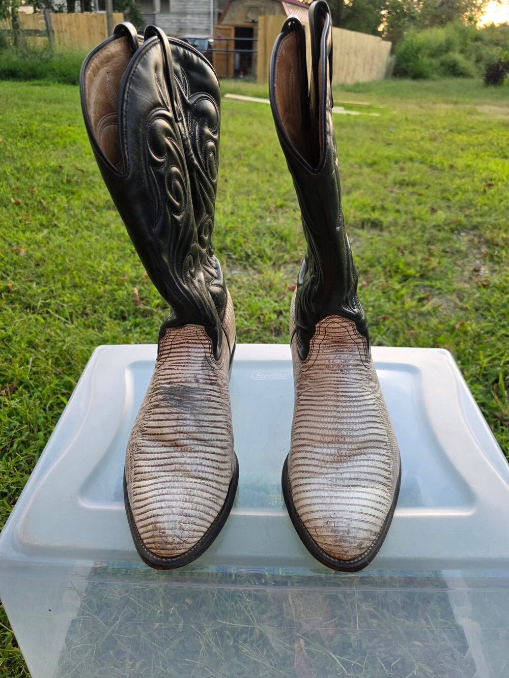 Vintage Acme USA Men 12 3E Wide Lizard Cowboy Boots Western Rodeo Black Bone